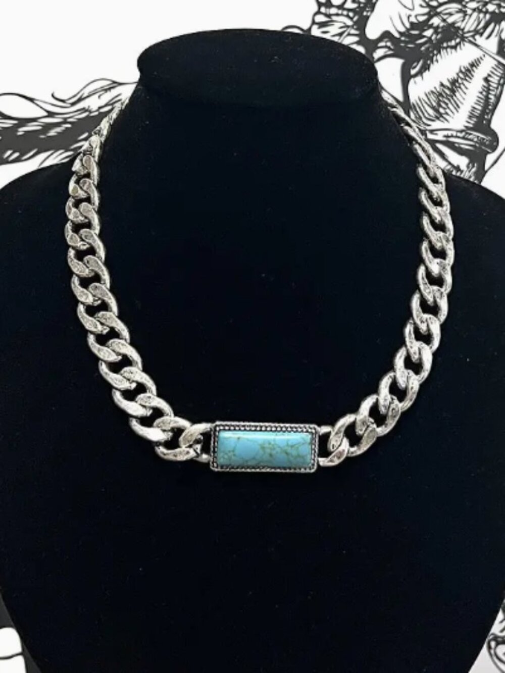 Turquoise Semi Stone Bar Pendant Chunky Silver Chain Necklace NWT
